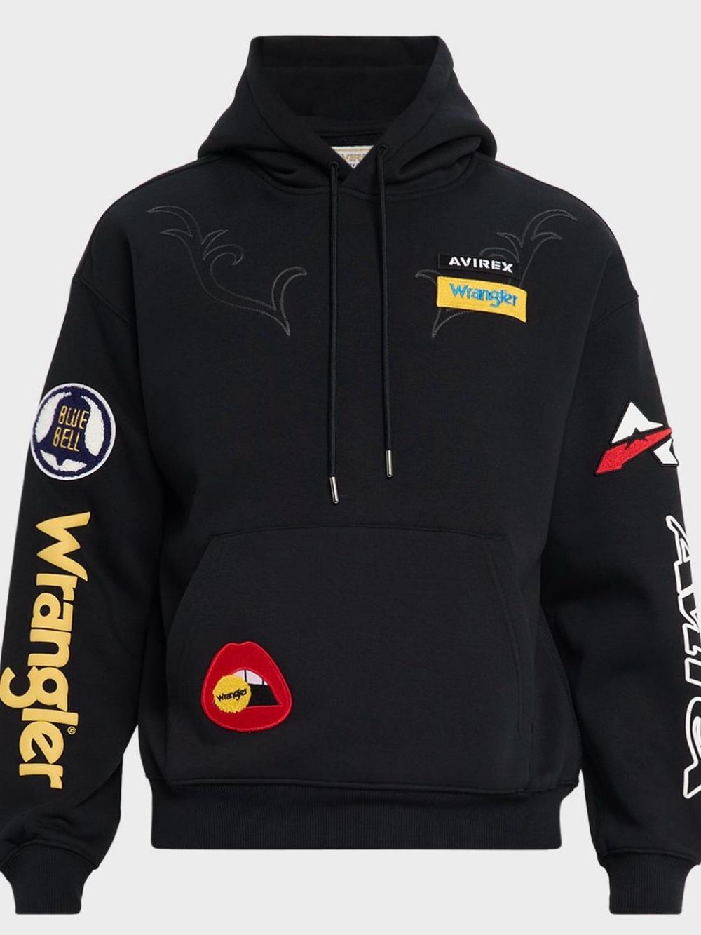 Avirex Black Hoodie with Yellow Wrangler Patch and Red Accent Patches